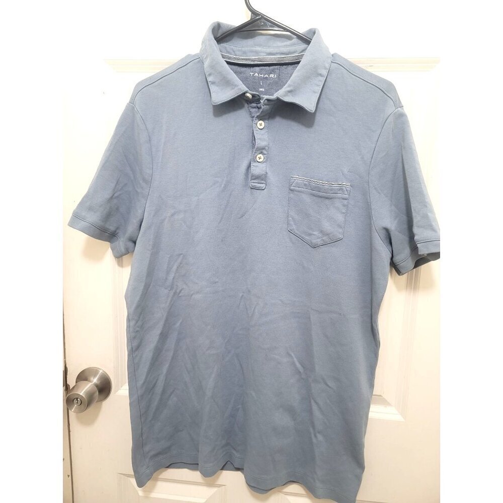 Tahari Men's Blue Polo Shirt With Chest Pocket & Button-Up Collar